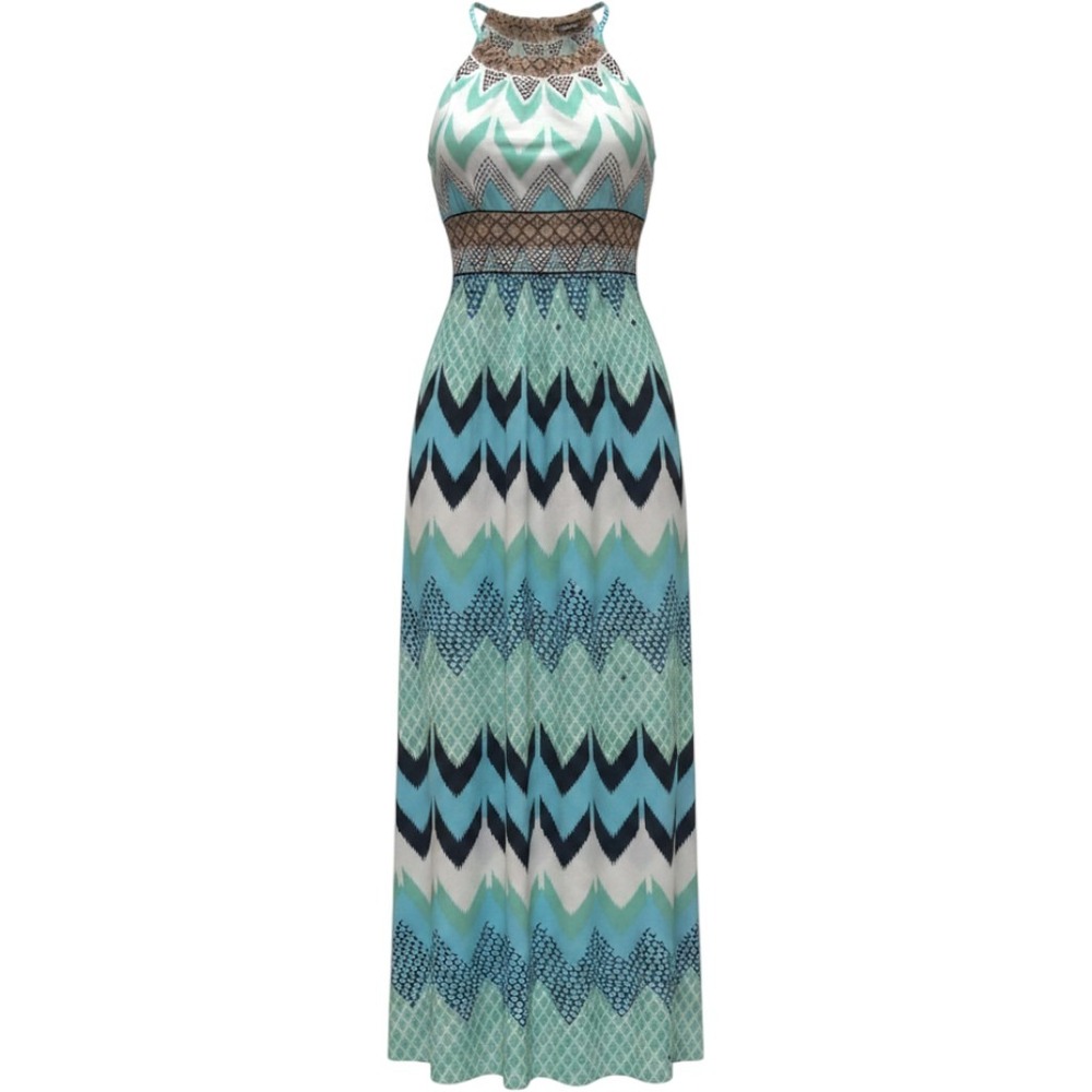 b.calm Geometric‎ Maxi Dress Womens Size M Teal Brown Boho Chevron Summer Gown